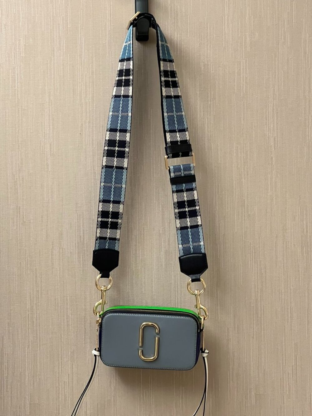 Marc Jacobs Snapshot Colorblock Camera Bag Blue Green Plaid Strap